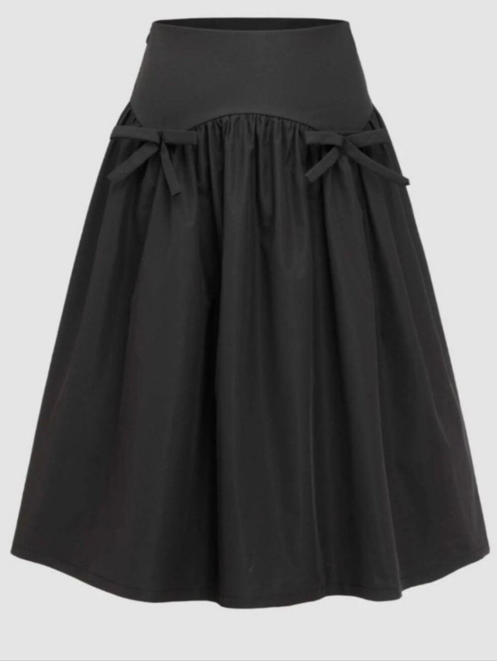 Cider Black A-Line Midi Skirt with Waist Bows